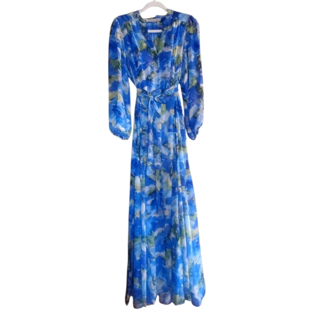 Taylor Periwinkle Watercolor Maxi V-Neck Button Front L/S Dress Size 8 NWT - Picture 1 of 11